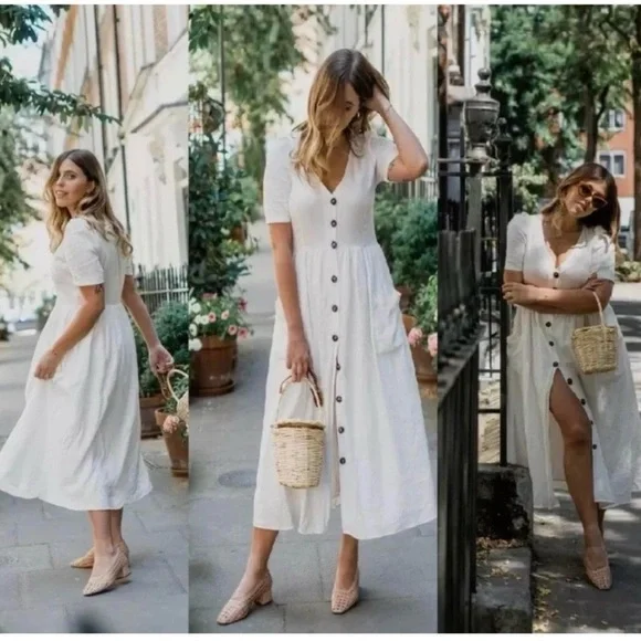 Zara TRF Trafaluc linen viscose cotton midi ivory white dress with buttons